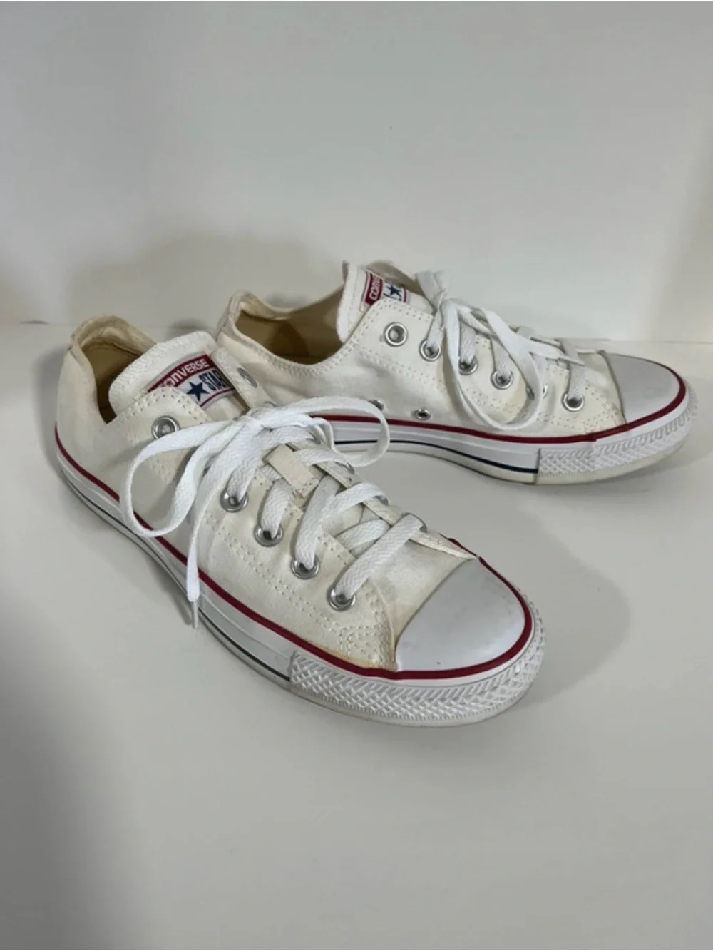 Converse White Canvas Low Top Sneakers with Red Trim 52 - Picture 2 of 7